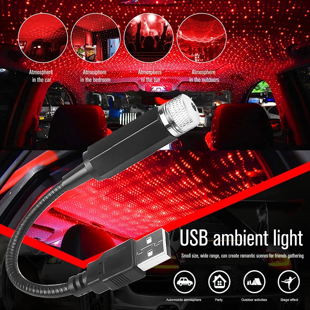 Star Lamp USB Car Star Ceiling Light Sky Projection Lamp Romantic Night Lights Car Fancy Lights (Red)